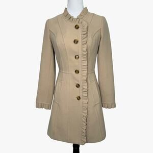 The Cue by Cher Qu Peacoat XS Tan Cashmere Wool Ruffle‎ Trim Button Front Jacket